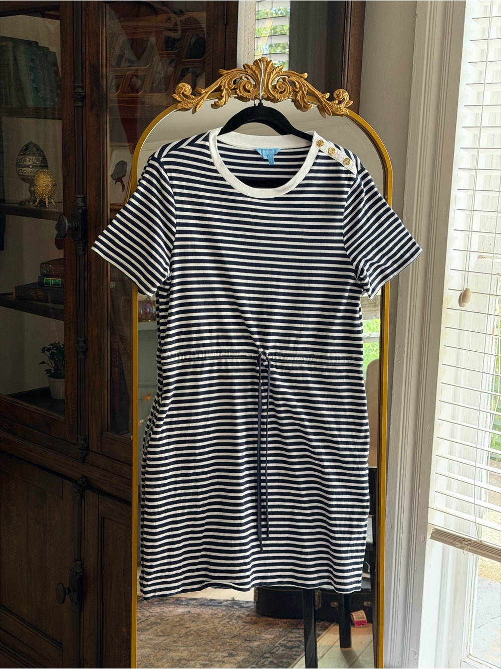 Draper James Tie Waist T-Shirt Dress in Nautical Navy & White Stripe Gold Button